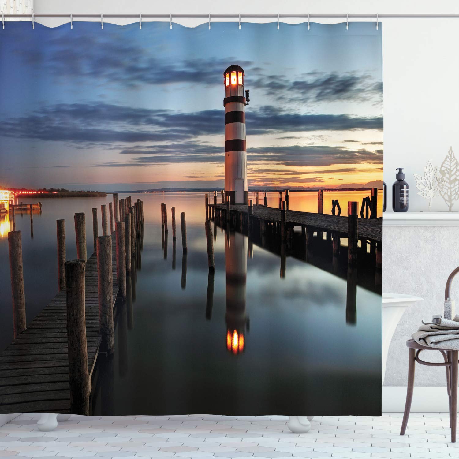ABAKUHAUS Lighthouse Shower Curtain, Calm Dusk at Bay Lighthouse and Wooden Boardwalk Reflections on Water Clouds, Cloth Fabric Bathroom Decor Set with Hooks, 94" Inches, Bluegray Orange