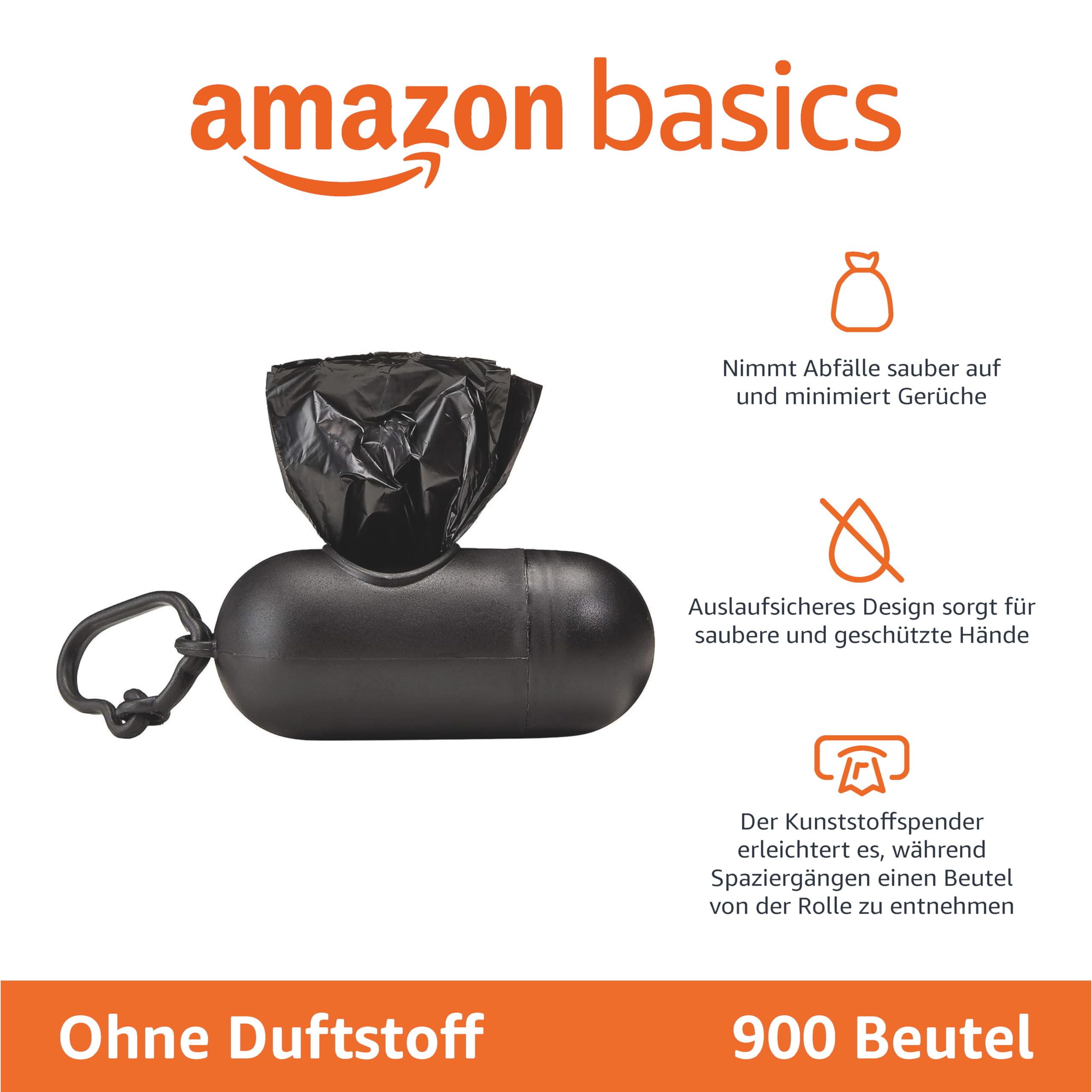 Amazon Basics Hundekotbeutel mit Spender und Leinenclip, Unparfümiert, 900 Beutel (60 Packungen mit je 15 Beuteln), Schwarz 2