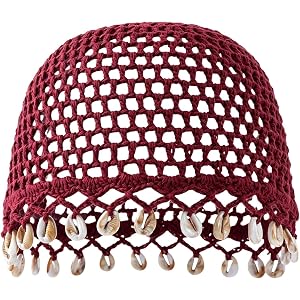Qkxbxk Women's Bohemian Crochet Hat with Shell, Summer Handmade Beanie Cap for Beach Vacation Festival