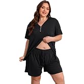 Vozanet Women's Plus Size Solid Pajama Sets Button V Neck Sleepwear Summer Shorts Nighty Soft Loungewear with Pockets