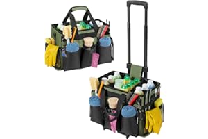 Housolution Rolling Cleaning Caddy Bag with Detachable Trolley, Professional Portable Large Cleaning Bag with Wheels, Wearable Cleaning Supply Bag on Wheels for Housekeepers, Army Green