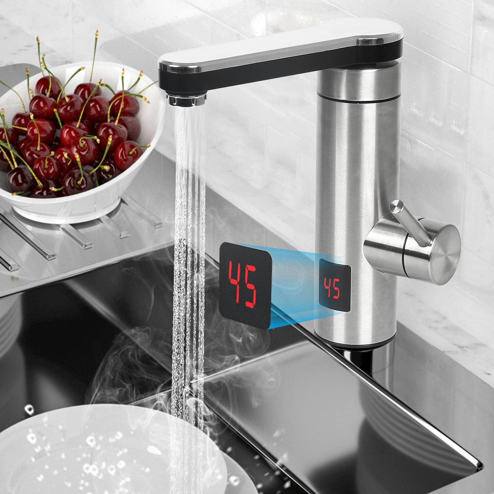 EUNEWR Instant Heating Faucet,3300W Tankless Quick Hot Tap with LED Digital Display,360º Swivel 304 Stainless Steel Heating Tube Electric Hot and Cold Water Heater Mixer Faucet with 1/2 Inch Hoses
