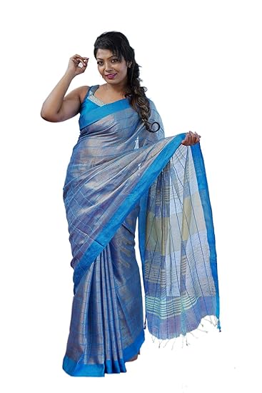 Womens Linen Saree With Blouse Piece (AlloyBlueTissueLinen_Blue)