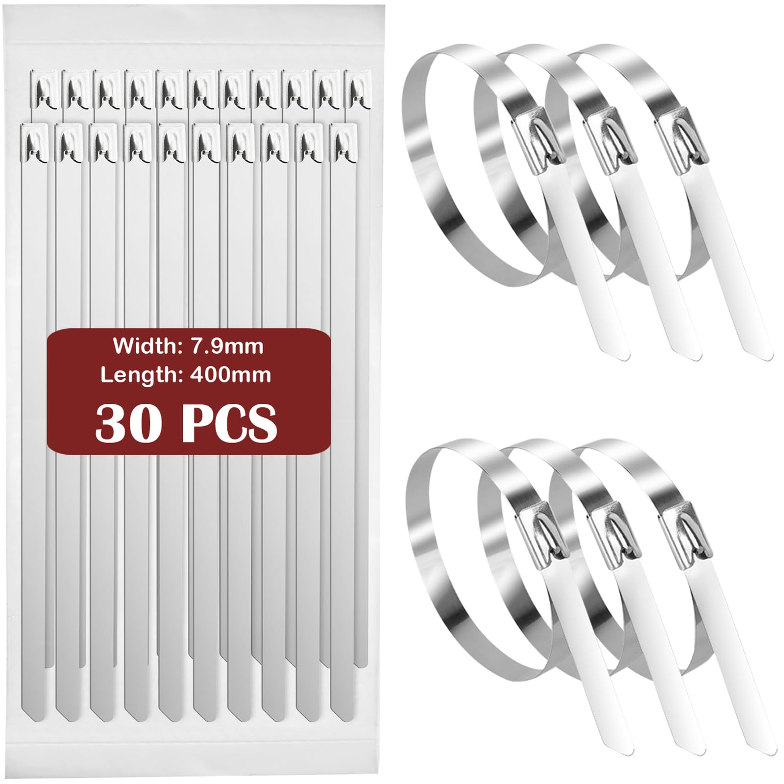 Fohirey 7.9×400mm Metal Cable Ties 30 Pcs, 304 Stainless Steel Zip Ties Silver Metal Tie Wraps, Heavy Duty Metal Zip Ties UV Resistance Steel Cable Ties for Outdoor Fence and Binding Requirements
