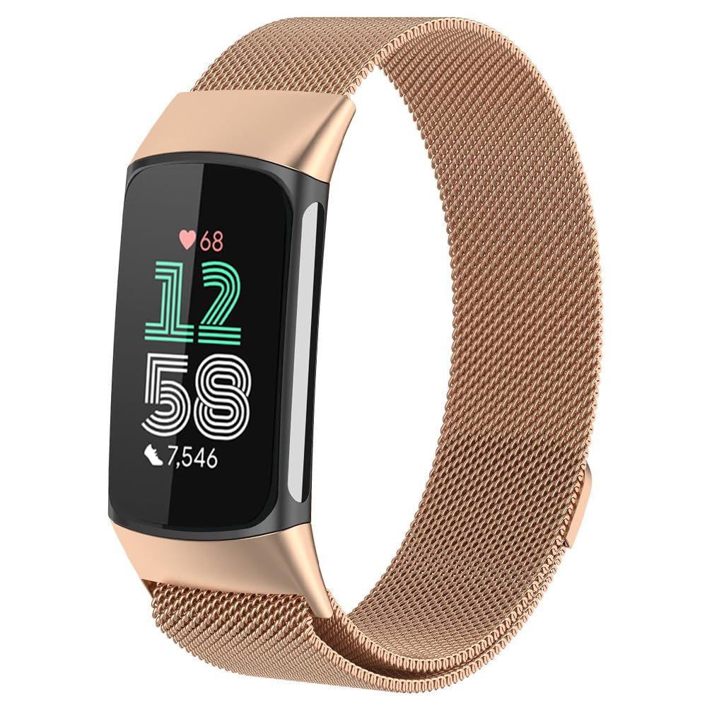 Moydolo Compatible with Fitbit Charge 5 Charge 6 Strap Women Men Girls Boys, Stainless Steel Metal Mesh Adjustable Magnetic Lock Loop Replacement Wristband for Charge 5/6 Band