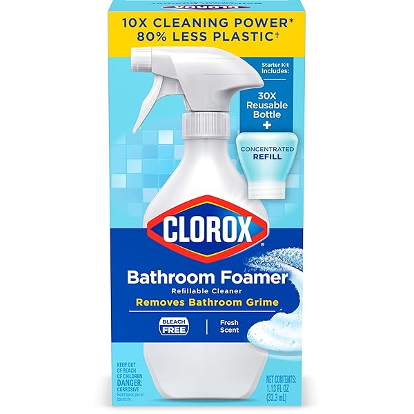 CLOROX BATHROOM FOAMER REFILLABLE CLEANER, HOUSEHOLD ESSENTIALS, 1 BOTTLE AND 1 REFILL, FRESH SCENT, 1.13 FL OZ