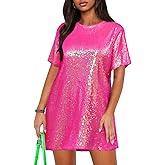 ENOPINK Women's Crew Neck Sequin Dress for Women Sexy V Neck Shirt Dresses Sparkly Shift Mini Dress
