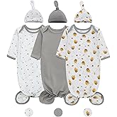 LAT Newborn Knotted Gown for Boy Girls,Baby Tie Gown Nightgown,Baby Sleeper with Matching Hat Set 3 Pack,Sleepwear Outfits