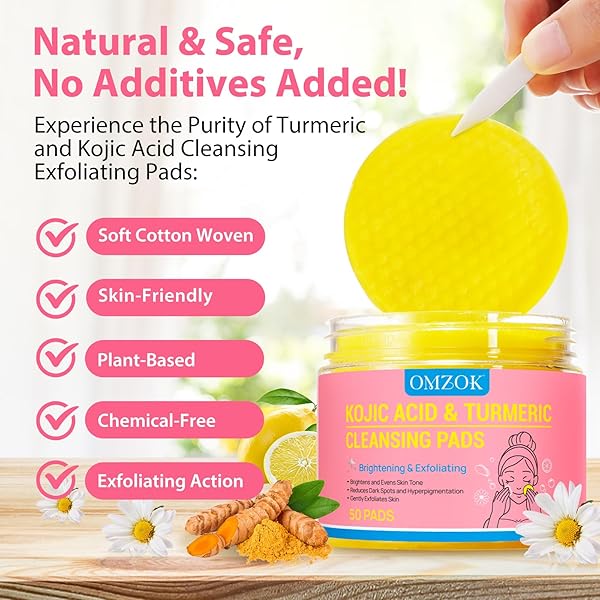 TURMERIC KOJIC ACID CLEANSING PADS – TURMERIC FACIAL CLEANSING PADS FOR ACNE FIRMING SKIN – CLEANSING TURMERIC PADS – REMOVE EXCESS KERATIN CLEAN PORES 50PCS