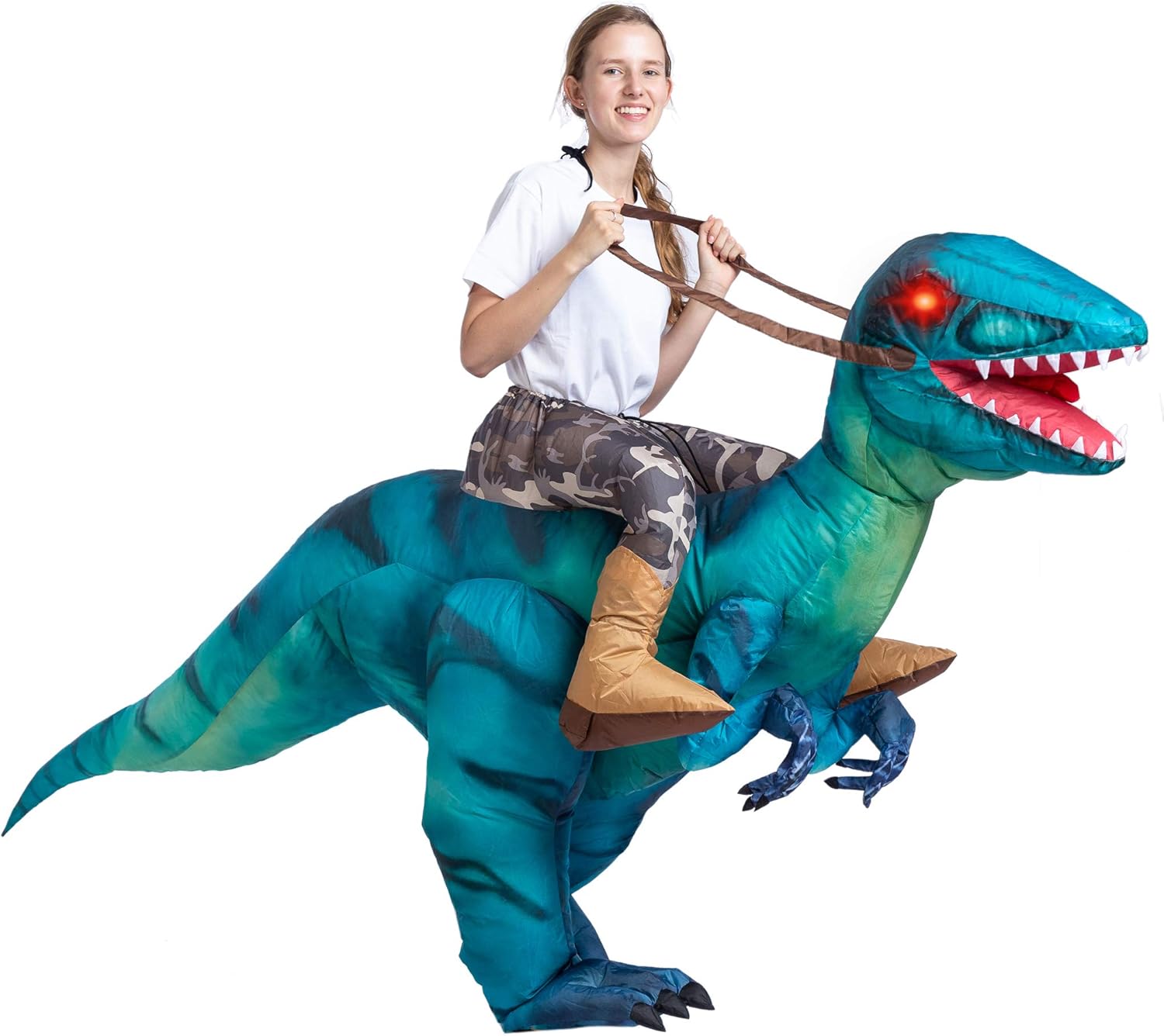 Spooktacular Creations Inflatable Raptor Riding a Raptor Dinosaur Deluxe Costume - Adult (Blue): Clothing