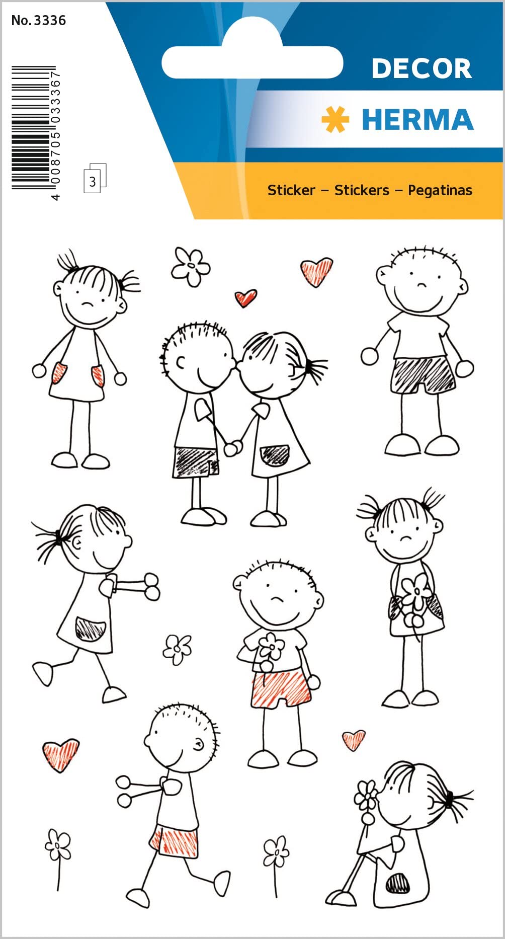 HERMA 3336 Stickman Stickers, Pack of 24, Heart Stickers with Boy Girl Flowers Motif, Children's Labels for Photo Album, Diary, Poetry Album, Scrapbooking, Birthday Decoration, Letters, DIY Crafts