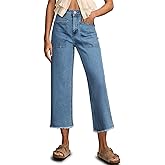 Sidefeel Womens Wide Leg Baggy Capri Jeans High Waisted Straight Leg Stretchy Raw Hem Cropped Denim Pants with Pockets