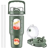 BLUEGO 32oz Glass Water Bottle with Handle and Straw|Leakproof Sports Glass Bottle with Time Marker and Silicone Sleeve|Glass Drinking Bottle for Travel, Gym, Workout, Olive