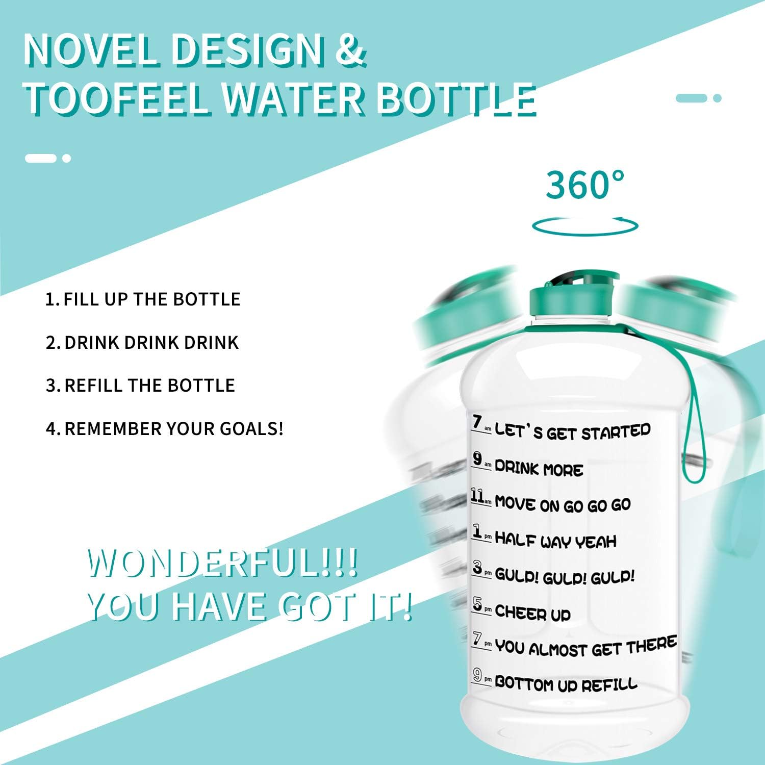 TOOFEEL Dishwasher Safe 2.2L Big Reusable Sports Water Bottle 75oz Half Gallon Water Jug with Mitivational Time Marker Container Large Capacity Canteen BPA Free Leak-Proof for Gym Fitness Athletic