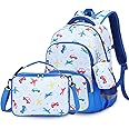 MIRLEWAIY Backpack for kids Boys Girls School Book Bag Children Student Daypack with Lunch Box, Blue Car and Airplane 15.7 inch