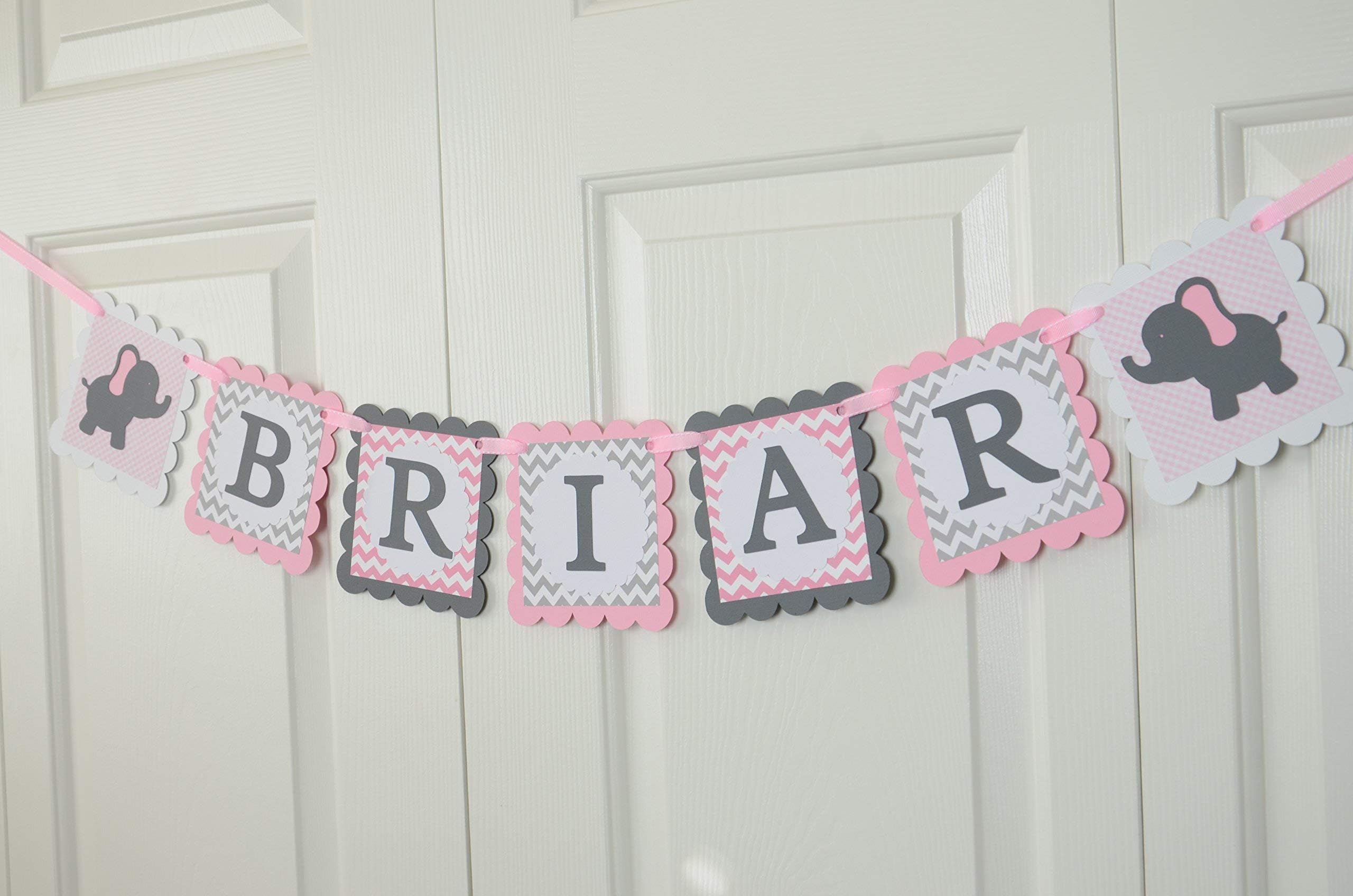 Elephant Name Banner, Birthday Party, Baby shower Banner, Pink Elephant, Welcome Baby Banner, Grey and Pink Banner, Girl Banner