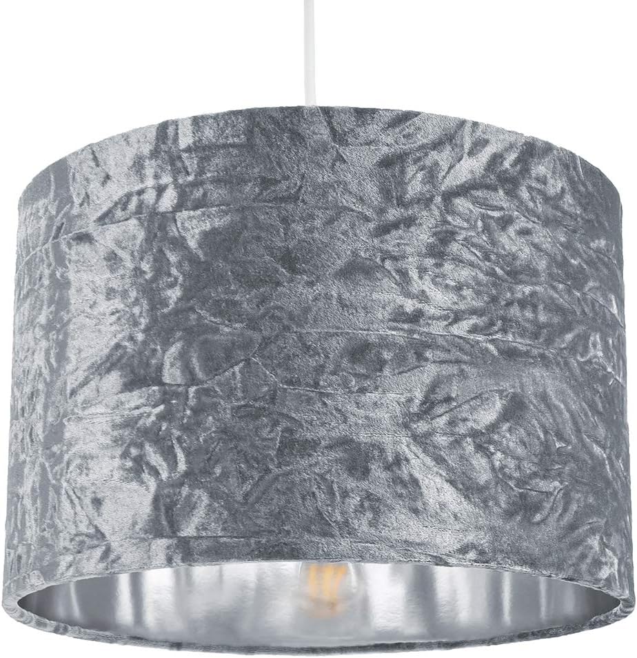 Modern and On-Trend Silver/Grey Crushed Velvet Fabric 12" Table or Pendant Circular Drum Lampshade with Shiny Silver Inner - Image 4