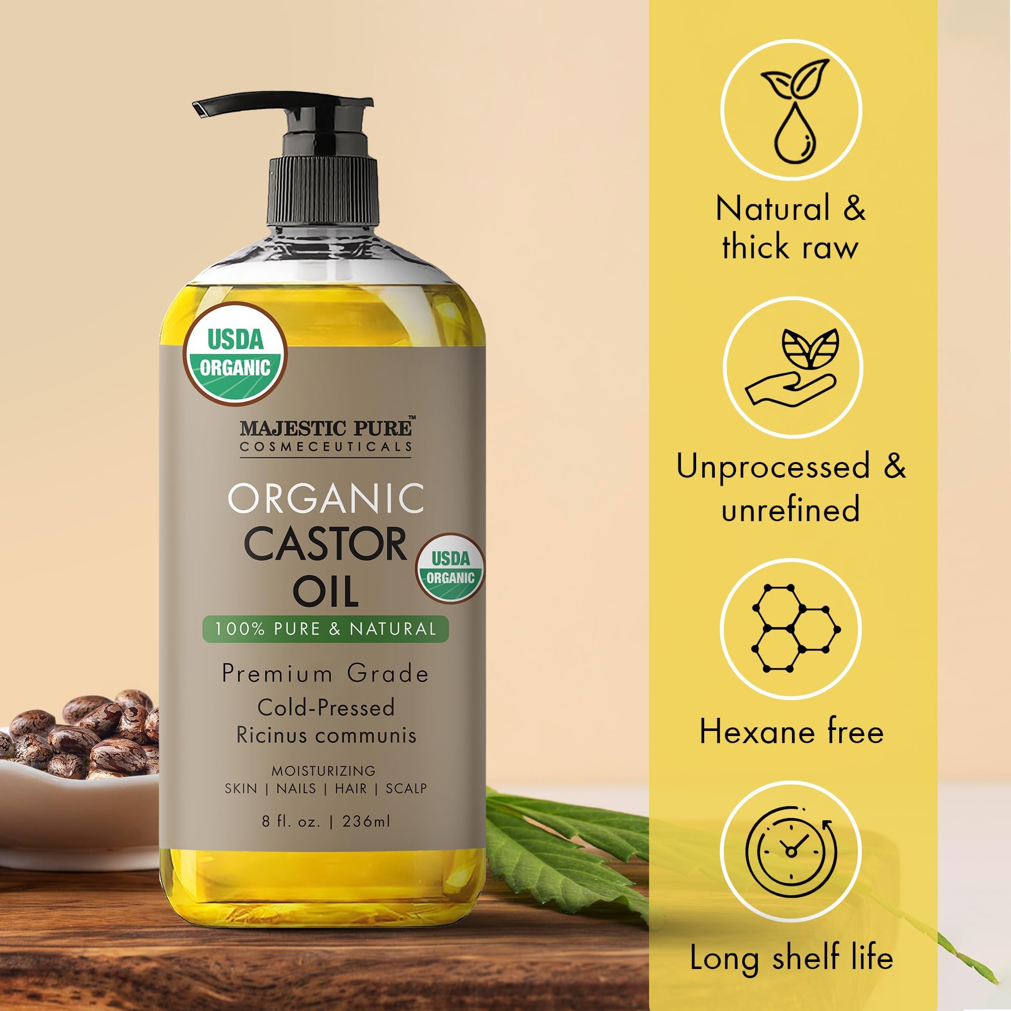 Majestic Pure USDA Organic Castor Oil - 100% Pure & Natural - Premium Grade, Cold Pressed, Hexane Free - Hair, Eyelashes, Eyebrows, Nails - Moisturizing & Nourishing - 8 Fl Oz
