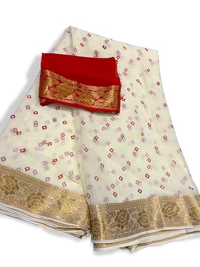 Jaipuri Rajasthani Womens Najbeen Chiffon Gulti Bhendaj Saree With Contrast Zari Blouse -P076