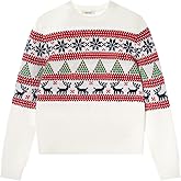 TRENDSTITCH Girls Fair Isle Sweater – Chunky Wool Blend Crewneck Pullover, Long Sleeve Knit Jumper for Fall Winter Xmas