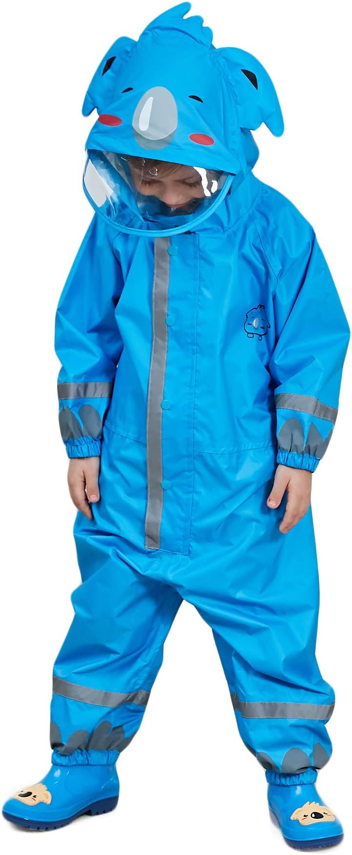 Cute Raincoat Kids Waterproof Breathable Rainsuit All in One Puddle Suits Boys Girls Hooded Muddy Suit with Reflector Lightweight PVC Transparent Hat Brim for Kids