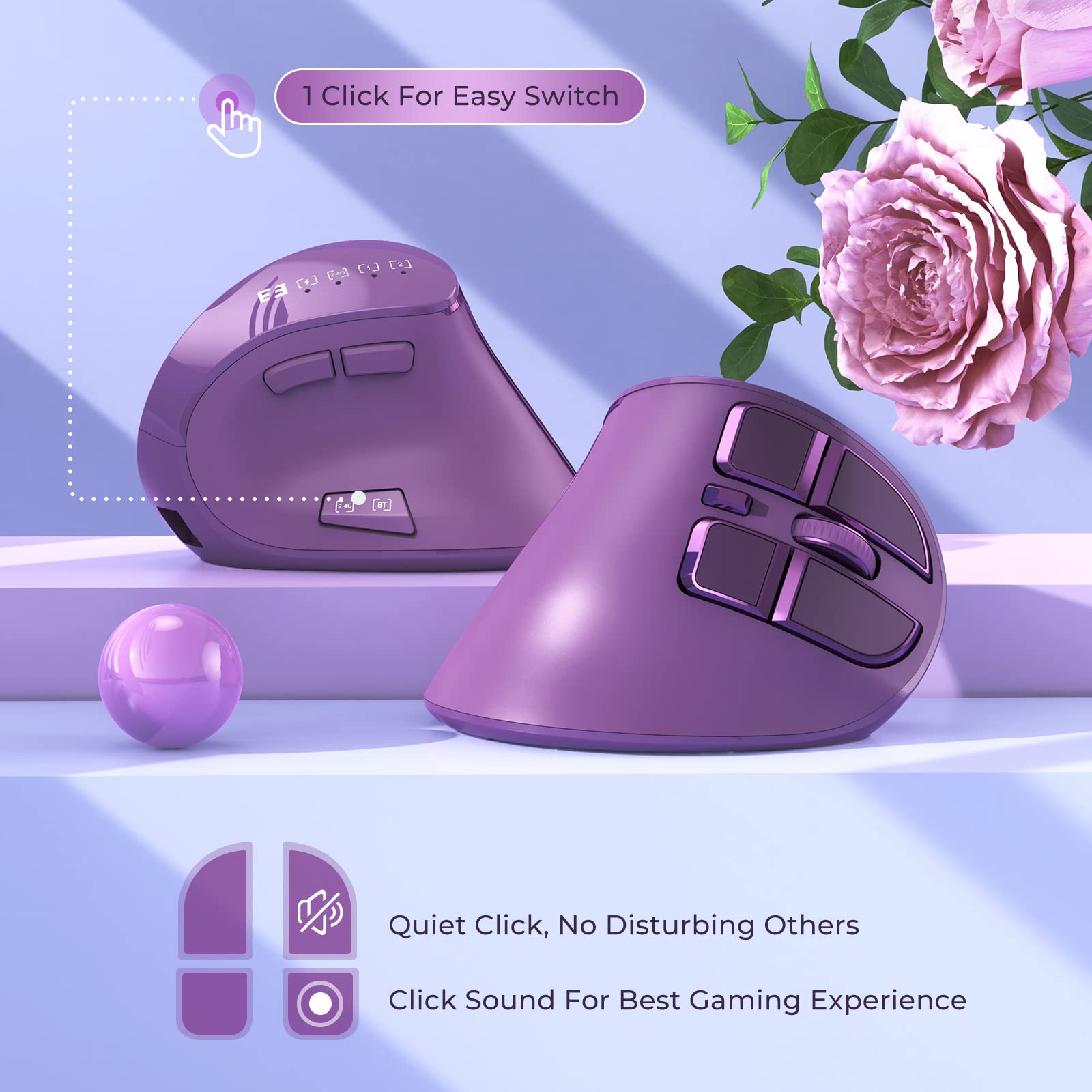 seenda Ergonomic Mouse, Wireless Vertical Mouse - Rechargeable Optical Mice for Multi-Purpose (Bluetooth+Bluetooth+USB Connection) Compatible Apple Mac and Windows Devices - Purple