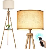 OUTON Solid Wood Tripod Floor Lamp with Storage Shelf and Remote view 1