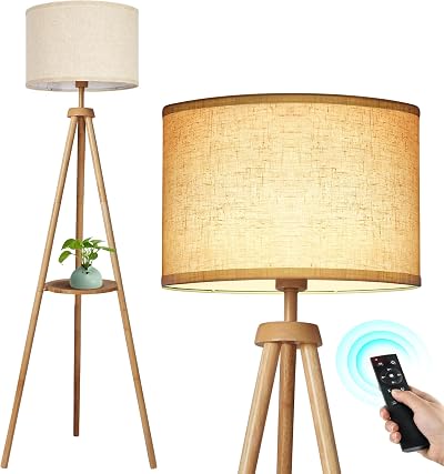 OUTON Solid Wood Tripod Floor Lamp with Storage Shelf and Remote