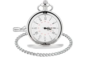 WIOR Classic Smooth Vintage Pocket Watch Sliver Steel Men Watch with 14'' Chain for Xmas Fathers Day Gift