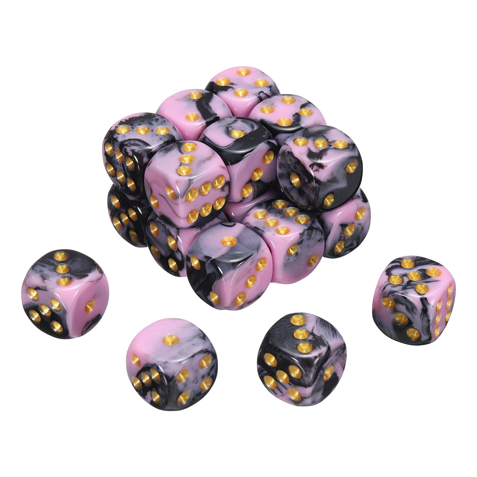 sourcing map 20Pcs 6 Sided Standard Dice, 2 Colors 16mm Acrylic D6 Mini Polyhedral Pearl Pattern Game Dice Set for Table Games, Pink and Black/Gold Point