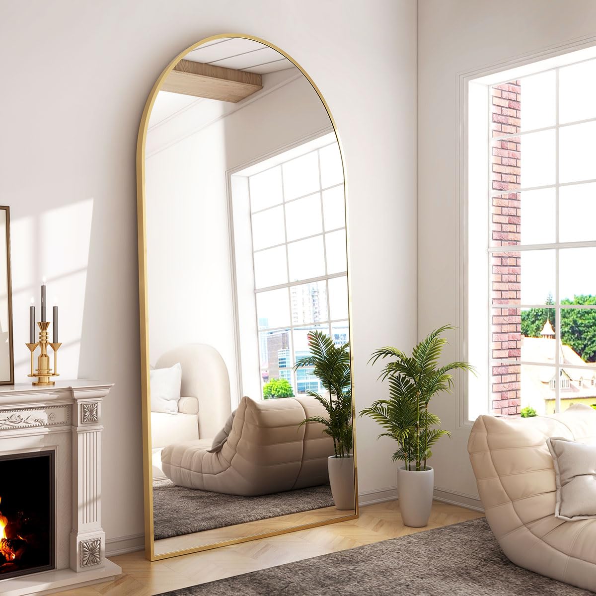 GLSLAND-34x76 inch Wall Mount Arched Full Length Mirror-Aluminum Alloy Frame High Definition-Full Body Mirror for Bedroom or Living Room,Gold Image
