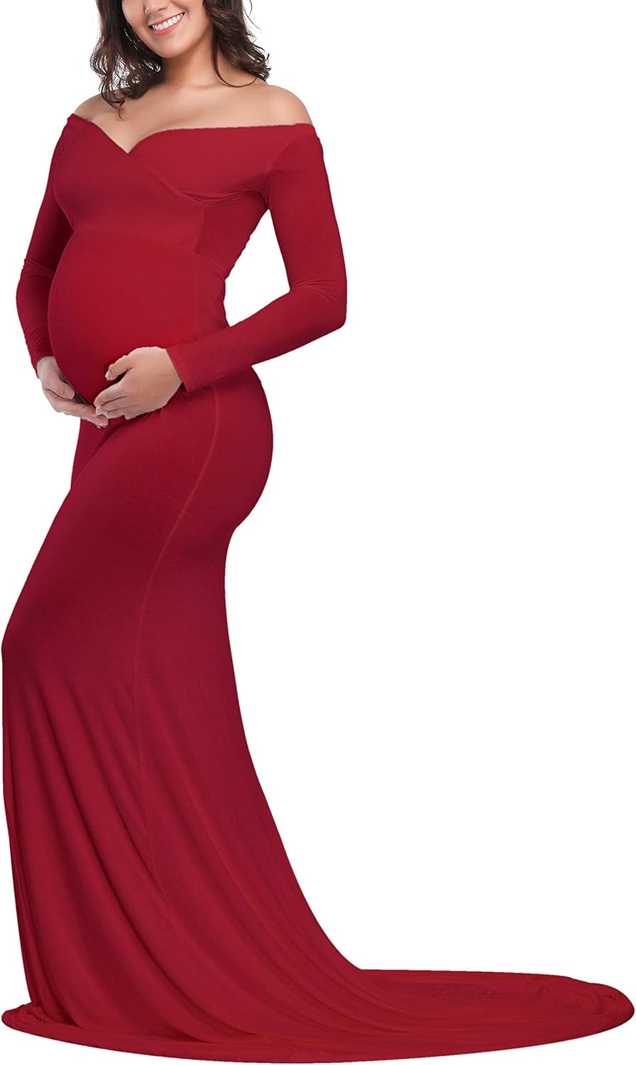 JustVH Maternity Elegant Fitted Maternity Gown Long Sleeve Cross-Front V Neck Slim Fit Maxi Photography Dress for Photoshoot at  Women’s Clothing store