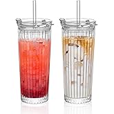 KEMORELA Ribbed Glass Tumbler with Straw and Lid – 18oz Durable Leak-Proof Drinking Cup for Hot and Cold Beverages – Stylish Design, Ideal for Iced Coffee, Smoothies, and More (2PCS-A)