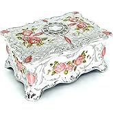Truewon Jewelry Chest Rose Pastoral Style Metal Box Trinket Vintage Trinket Gemstone Storage Tray Treasure Souvenir Gift Case for Girls Women (White Pink Golden, Small)