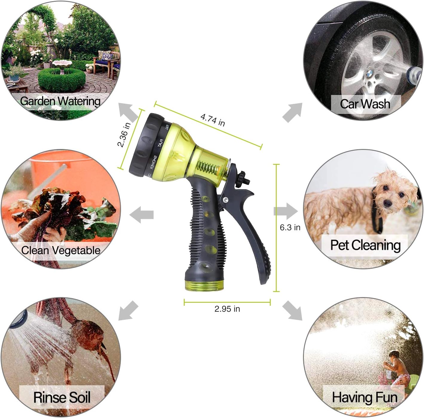 Garden Hose Nozzle, Hose Spray Nozzle, Water Hose Nozzle with 9 Adjustable Watering Patterns, Heavy Duty Hose Nozzle for Watering Plants, Cleaning, Car Wash and Showering Pets, Slip and Shock Resistant : Garden & Outdoor