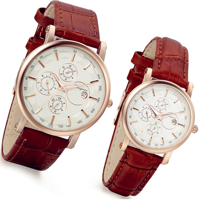 Lancardo Orologio Quarzo da Polso per Coppia Lovers con Cinturino in Pelle Artificiale 3 Sub-quadranti Funzione Calendario Impermeabile Romantico Marrone (1 coppia)