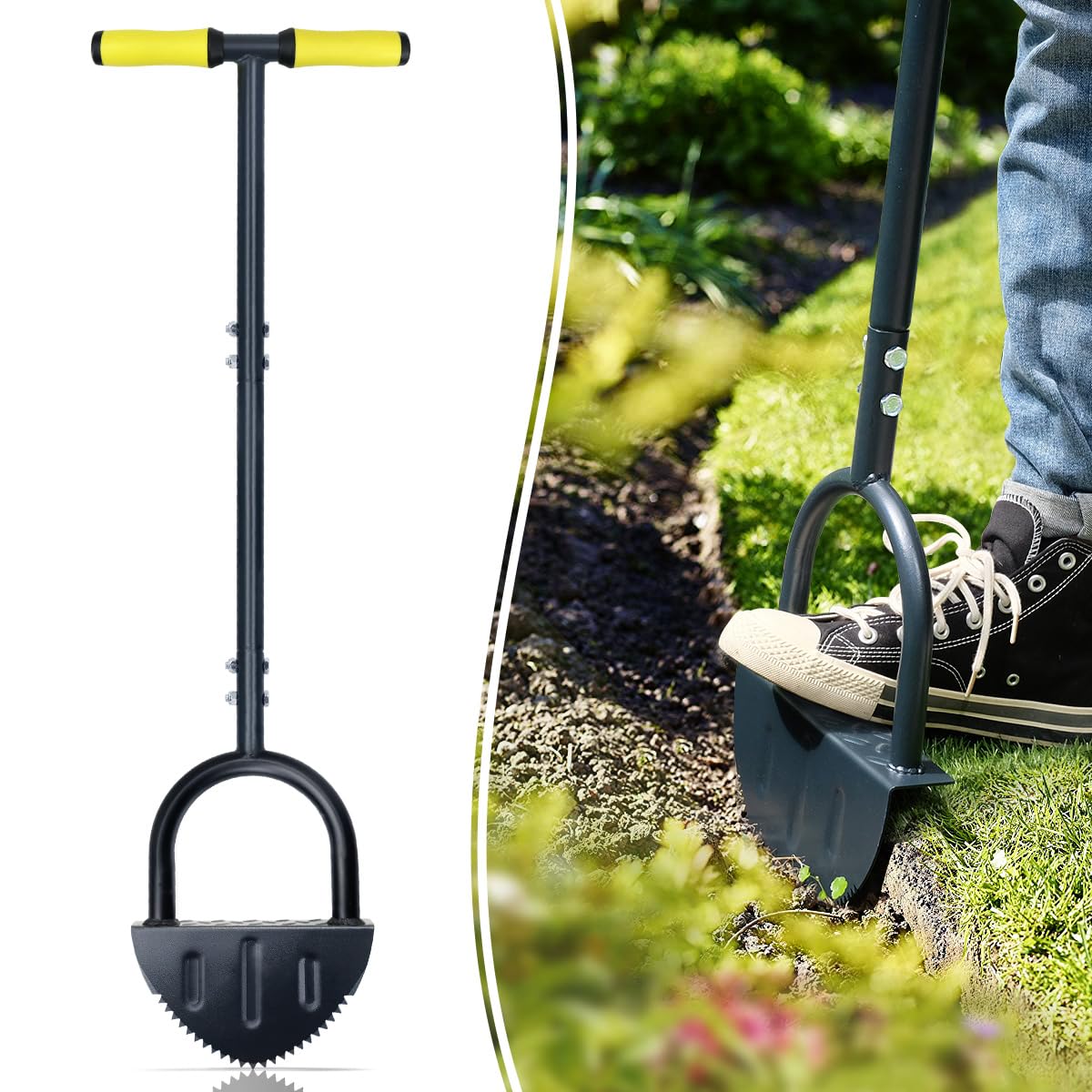 Colwelt Saw-Tooth Lawn Edging Tool 96cm, T-Grip Half Moon Lawn Edger, Long Handled Edging Tools for Grass Lawn Edging