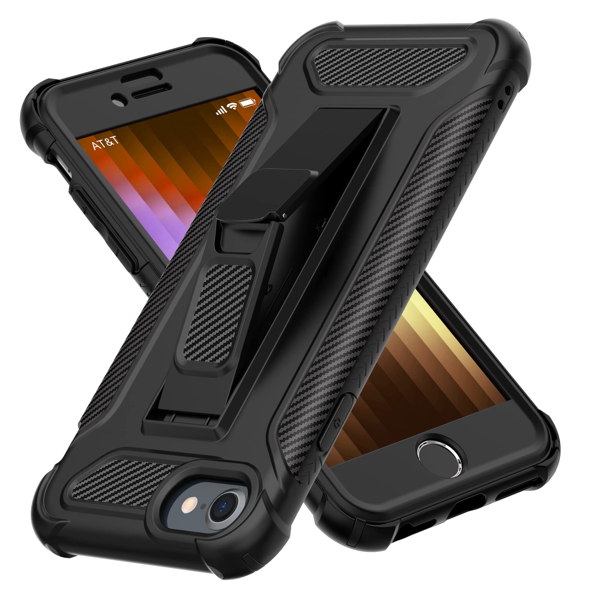 ORETECH for iPhone SE 2022 Case, iPhone SE 2020 Case, and [2 x Tempered Glass Screen Protectors] [Built-in Kickstand] Military Grade Shockproof 360 Full Body Protective Cover - Black — image 1