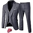 MY'S Men's 3 Piece Slim Fit Suit Set, One Button Solid Jacket Vest Pants with Tie