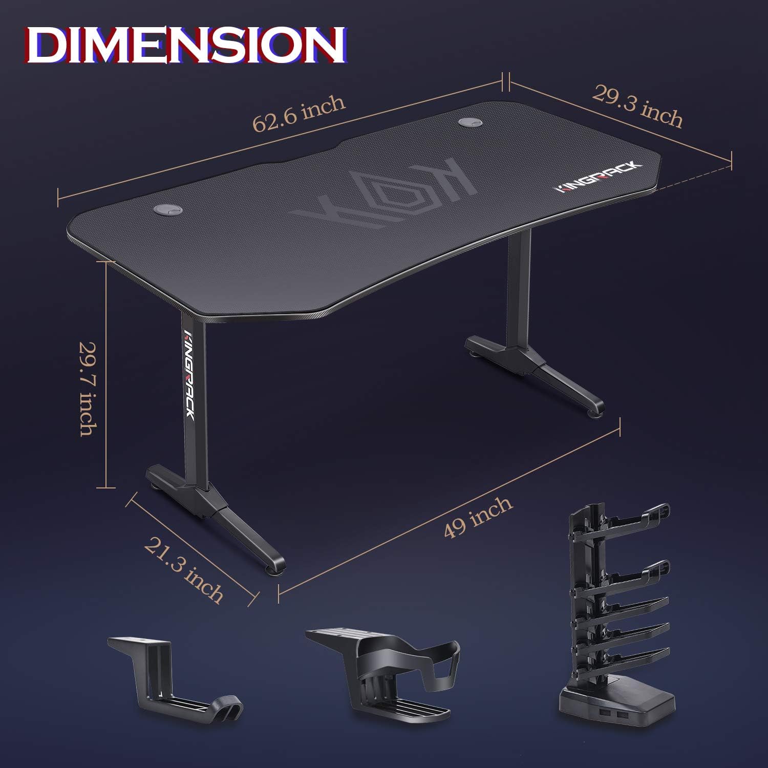 Ergonomic Game Desk, T-Shaped PC Gamer Tables Worksatation for Home Office with Carbon Fiber Surface, Full Mouse Pad, Cup Holder, Headphone Hook, 2 Cable Management Holes, 62" W x 29" D, Black: Kitchen & Dining