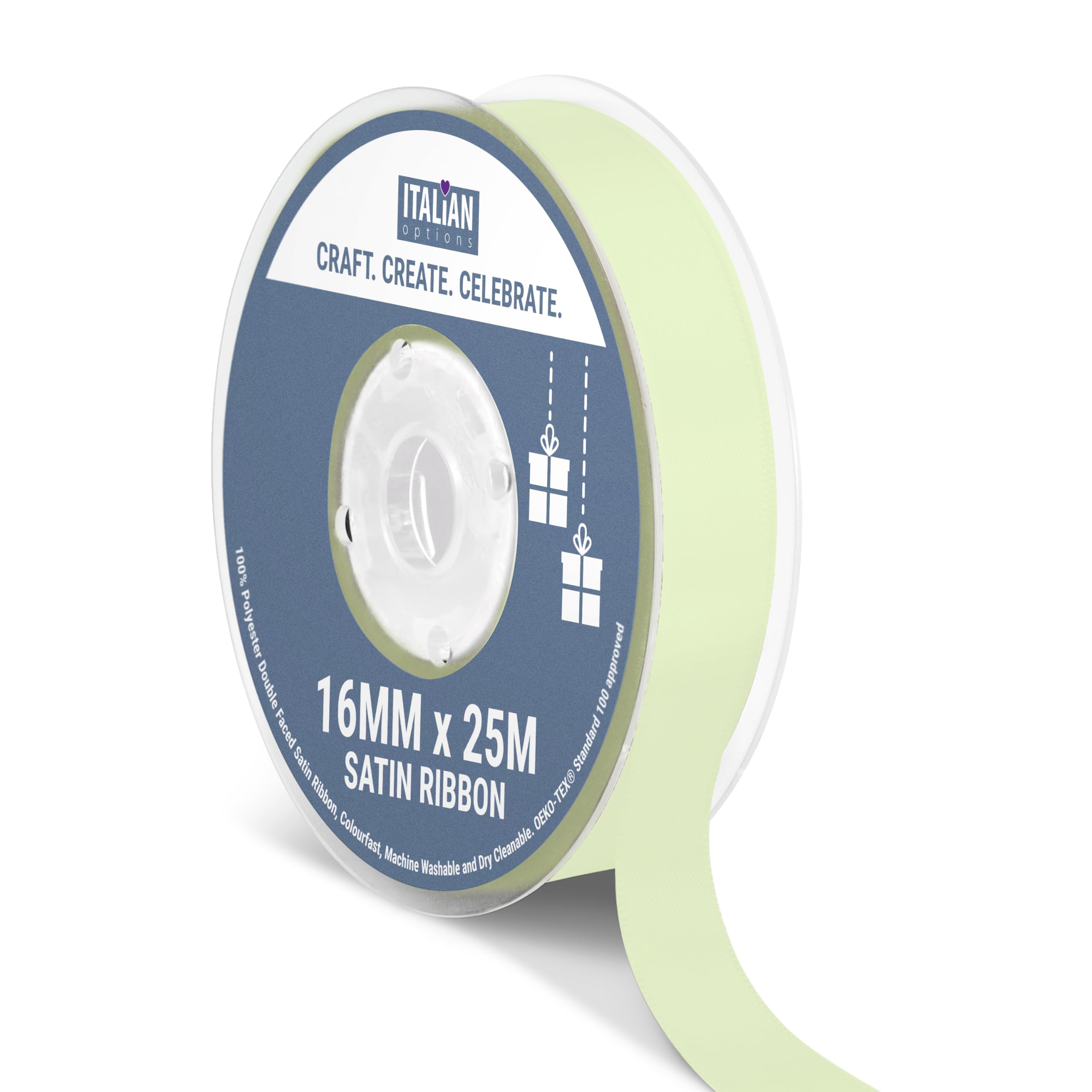 Italian Options Satin Ribbon, Fabric Ribbons for Gift Wrapping, Crafting, Balloons, Wedding Car, Presents, Cake, Christmas, Birthday, Gift Wrap Accessories, 16mm Wide x 25 Metre Roll, Light Green