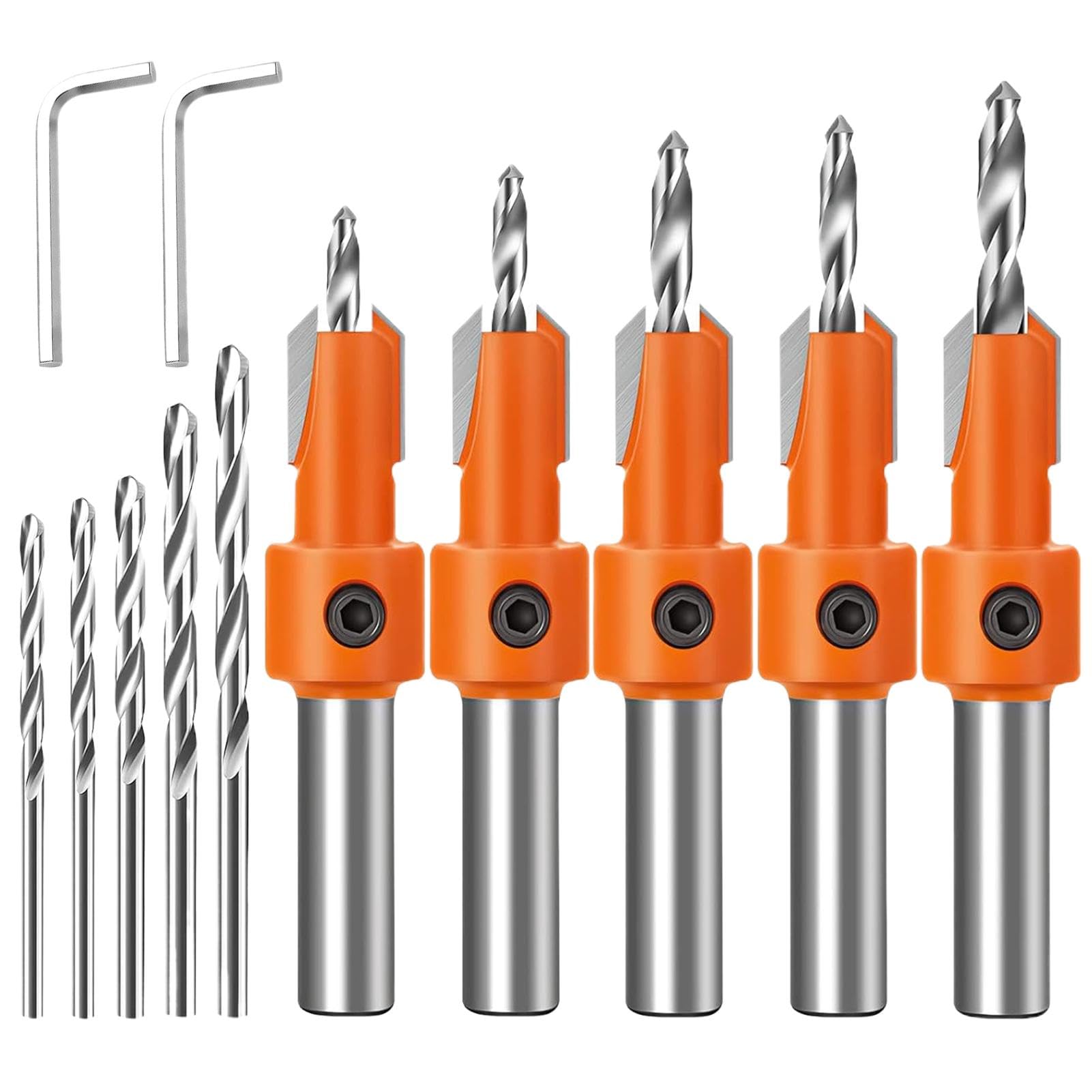 AUTUUCKEE 5 Pcs Countersink Drill Bit Set, 10 Piece, Twist, Straight Shank, Alloy Steel, 6° Cutting Angle, For Wood, Plastic, Soft Metal