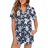 Renewold Women's Sleepwear Women's Pajama Sets Notch Collar Short Sleeve Button Down Nightwear Loungewear Top and Shorts