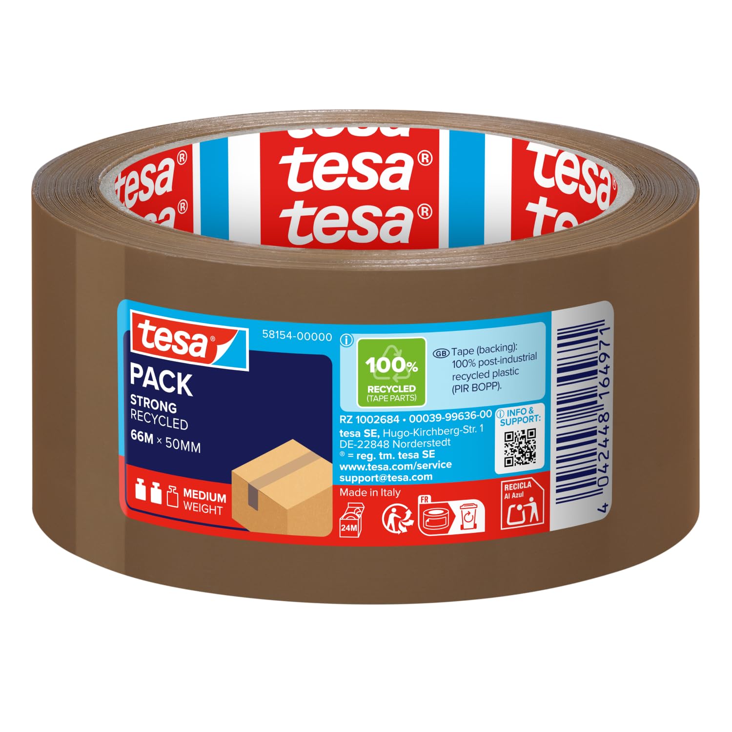 tesapack Eco & Strong - Environmentally Friendly Packing Tape Made of 100% Recycled Plastic, UV-Resistant and Age-Resistant - Brown - 66 m x 50 mm