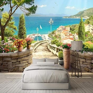 Foto 3d Balkon Garten Seelandschaft Grosses Wandbild Wohnzimmer Esszimmer Schlafzimmer Dekor Wasserdichte Leinwand Malerei Tapete 200 140cm Amazon De Baumarkt
