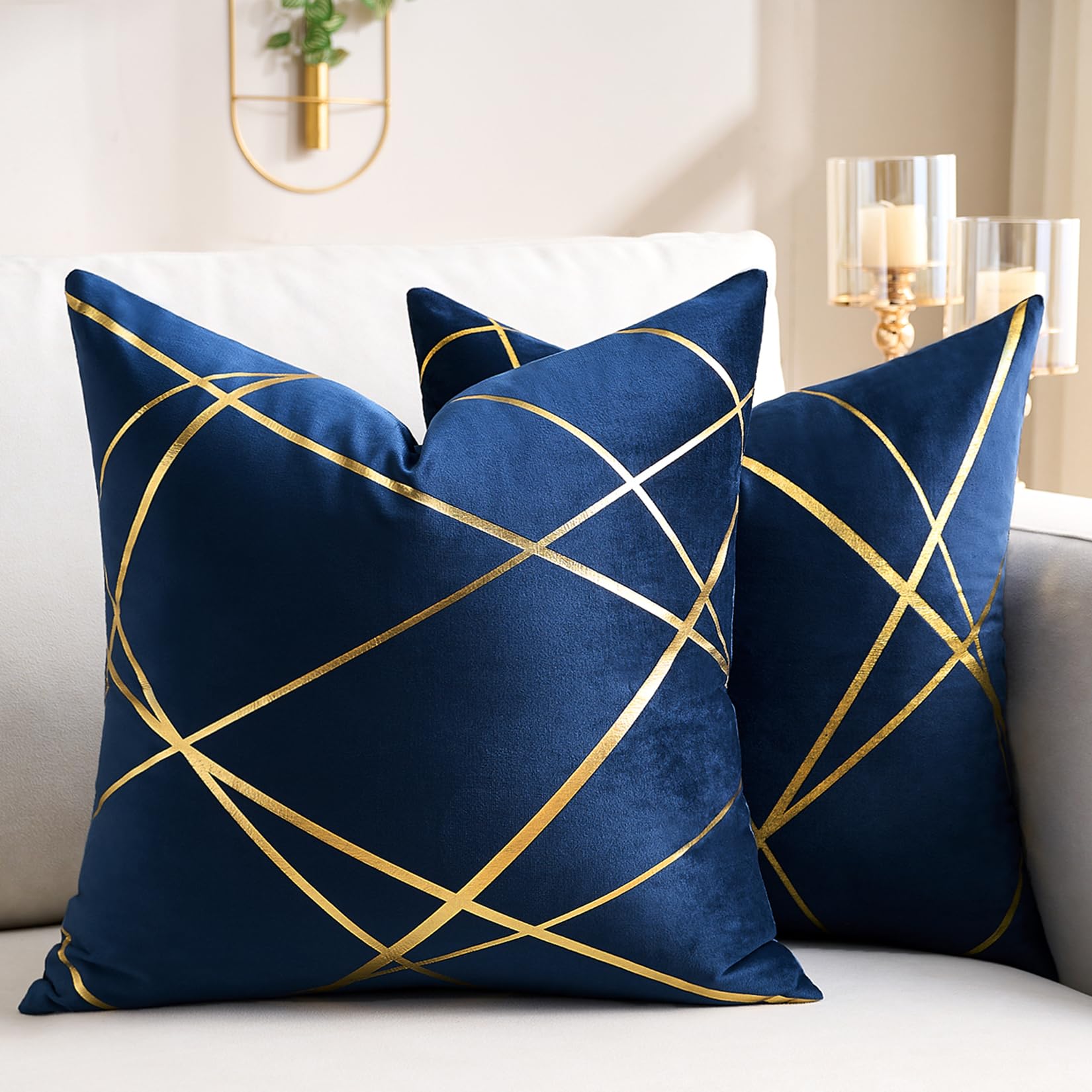 Cushion Cover 40 x 40 cm Velvet Cushion Cover Navy Blue Decorative Pillow Covers Gold Lines Geometry Cushion Living Room Bedroom Bench Cushion Sofa Set of 2 — image 1