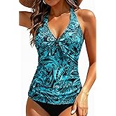 Women Halter Tankini Swim Top - Tummy Control Swimsuit Bathing Suit Top Front Tie Knot Swim Top Only 2025