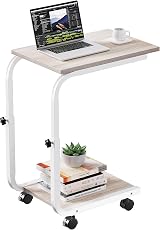 SIMPDIY Height Adjustable Side Table with 4 Wheels White Oak Iron view 1