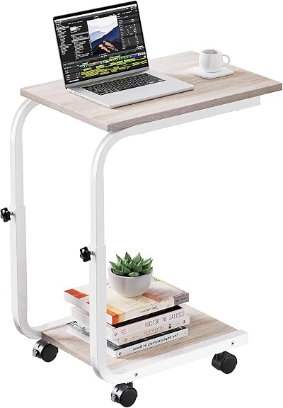 SIMPDIY Height Adjustable Side Table with 4 Wheels White Oak Iron