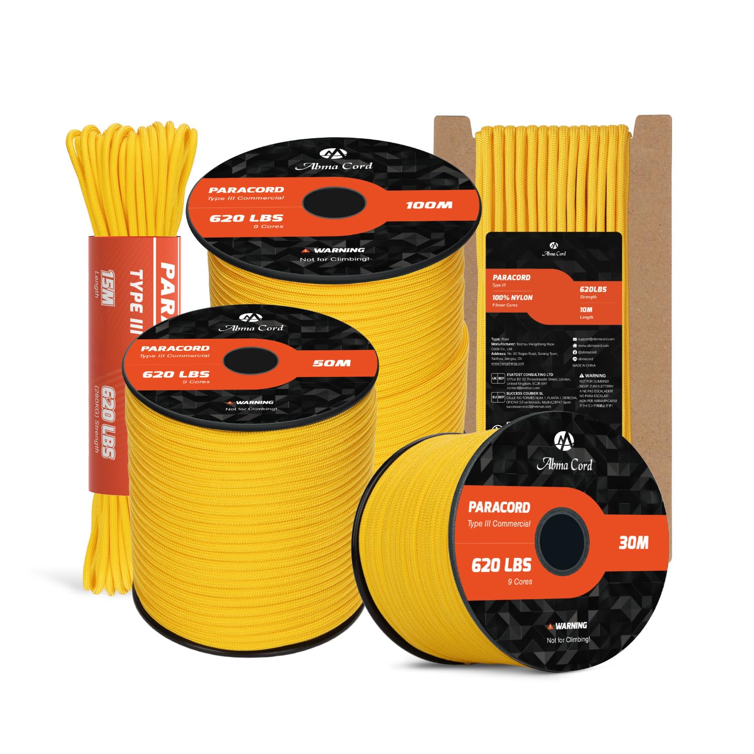 Abma Cord Paracord 4mm 100m 100% Nylon Rope 9 Strands Type III Parachute Cord for DIY, Camping, Survival, Outdoor - Max. 280kg - Golden Yellow